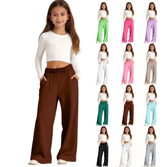 Resicozy Girls Sweatpants Wide Leg Elastic Waist Casual Sweat Pants with Pockets Baggy Athletic Pants for Kid Clothes 2-13 Years Coffee 150