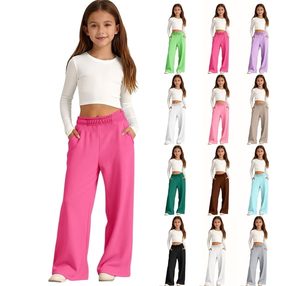 Resicozy Girls Sweatpants Wide Leg Elastic Waist Casual Sweat Pants with Pockets Baggy Athletic Pants for Kid Clothes 2-13 Years Hot Pink 120