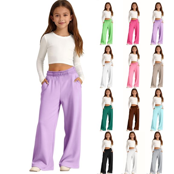 Resicozy Girls Sweatpants Wide Leg Elastic Waist Casual Sweat Pants with Pockets Baggy Athletic Pants for Kid Clothes 2-13 Years Purple 150