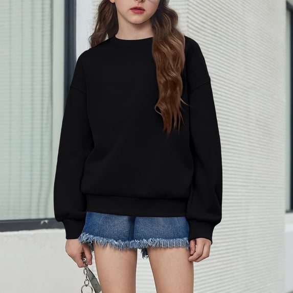 Resicozy Girls Sweatshirt Crewneck Solid Tops for Kids Long Sleeve Fall Winter Clothes, Casual Solid T-shirts, Teen Warm Pullover 3-15 Years Black 130