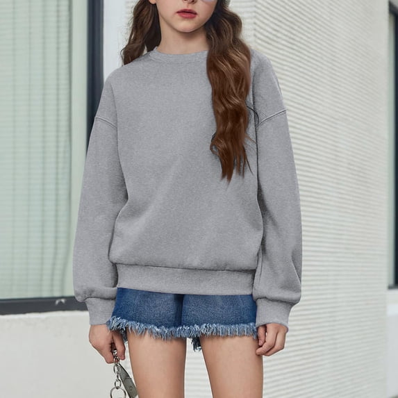 Resicozy Girls Sweatshirt Crewneck Solid Tops for Kids Long Sleeve Fall Winter Clothes, Casual Solid T-shirts, Teen Warm Pullover 3-15 Years Gray 140