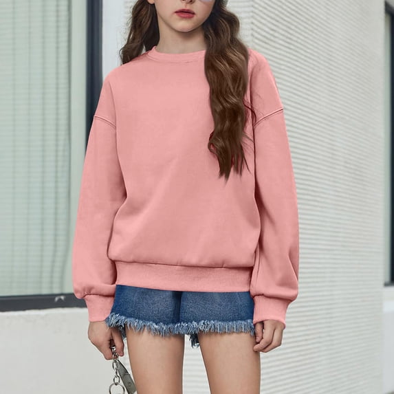 Resicozy Girls Sweatshirt Crewneck Solid Tops for Kids Long Sleeve Fall Winter Clothes, Casual Solid T-shirts, Teen Warm Pullover 3-15 Years Pink 170