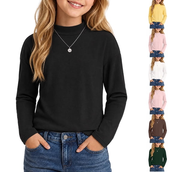 Resicozy Girls Turtleneck Pullover Long Sleeve Cute T Shirt for Kid, Solid Casual Warm Fall Winter Shirts for Daily School 2-13 Years Black 160