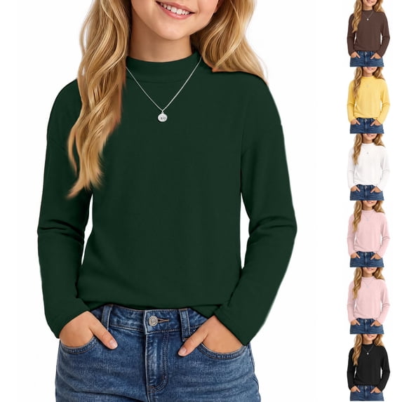 Resicozy Girls Turtleneck Pullover Long Sleeve Cute T Shirt for Kid, Solid Casual Warm Fall Winter Shirts for Daily School 2-13 Years Dark Green 140
