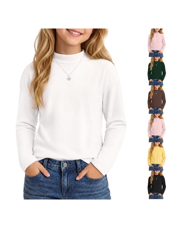 Girls Turtleneck Pullover Long Sleeve Cute T Shirt for Kid, Solid Casual Warm Fall Winter Shirts for Daily School 2-13 Years White 120