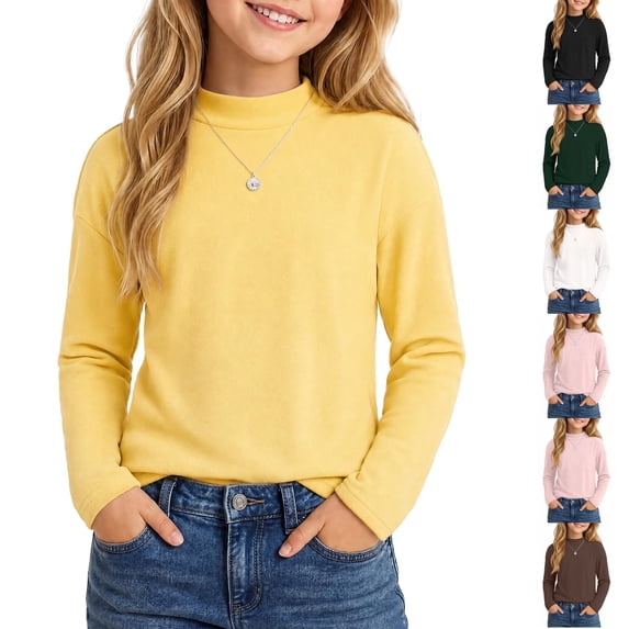 Resicozy Girls Turtleneck Pullover Long Sleeve Cute T Shirt for Kid, Solid Casual Warm Fall Winter Shirts for Daily School 2-13 Years Yellow 160