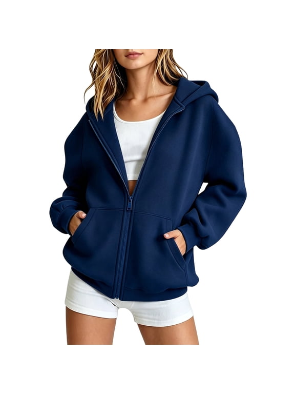 Girls Zip Up Hoodie, Hooded Sweatshirt Full Zip Hoodie with Pockets, Lightweight Jacket for School Uniform 2-13 Years Navy 140