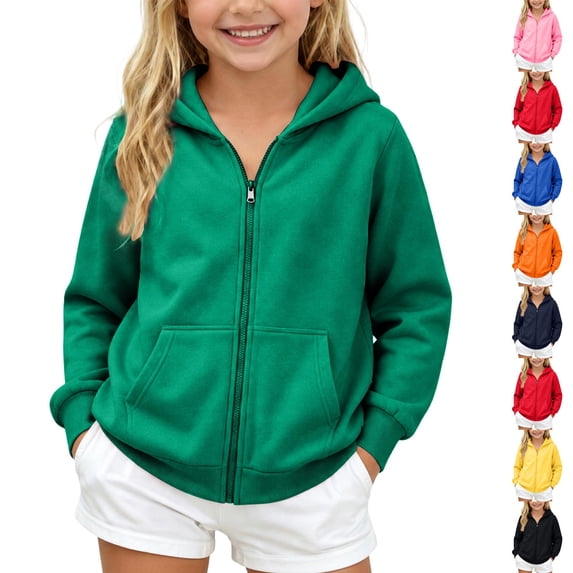 Resicozy Girls Zip Up Hoodie Sweatshirt Full Zipper Hoodies Jacket Y2K Fall Winter Fashion Solid Color Jackets with Pockets Green M