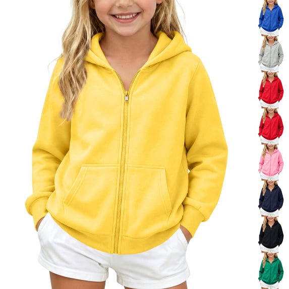 Resicozy Girls Zip Up Hoodie Sweatshirt Full Zipper Hoodies Jacket Y2K Fall Winter Fashion Solid Color Jackets with Pockets Yellow 3XL