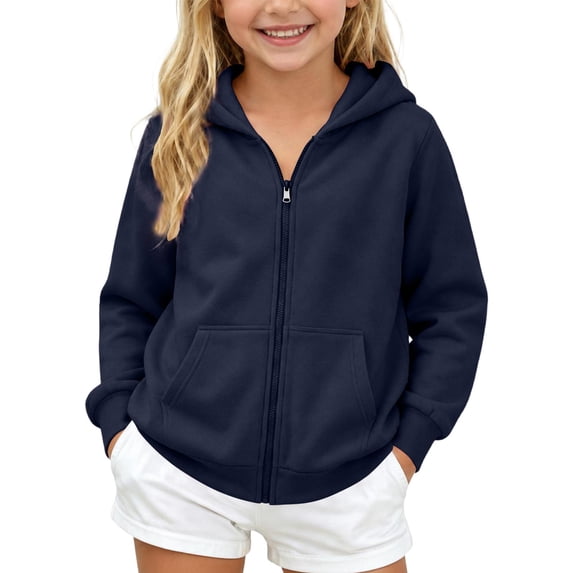 Resicozy Girls Zip Up Hoodies Oversized Uniform Sweatshirts with Pockets Full Zipper for Teen Long Sleeve Fall Winter Trendy Clothes Navy 2XL