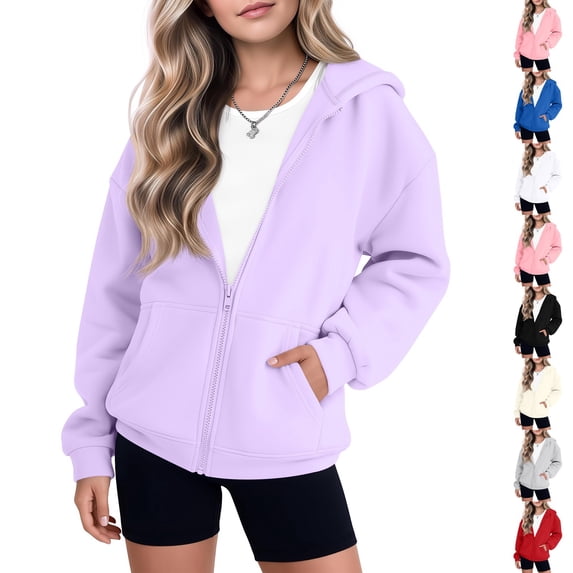 Resicozy Girls Zip-up Hoodie Light Jackets with Pockets, Long Sleeve Sweatshirt for Kids, Fashion Casual Youth Fall Clothes 2-13 Years Light Purple 120