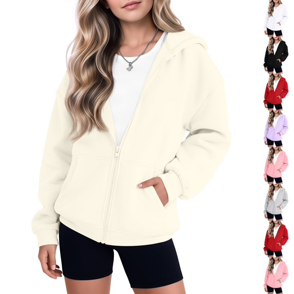 Resicozy Girls Zip-up Hoodie Light Jackets with Pockets, Long Sleeve Sweatshirt for Kids, Fashion Casual Youth Fall Clothes 2-13 Years Khaki 160