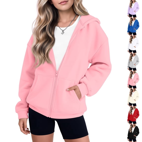 Resicozy Girls Zip-up Hoodie Light Jackets with Pockets, Long Sleeve Sweatshirt for Kids, Fashion Casual Youth Fall Clothes 2-13 Years Light pink 100