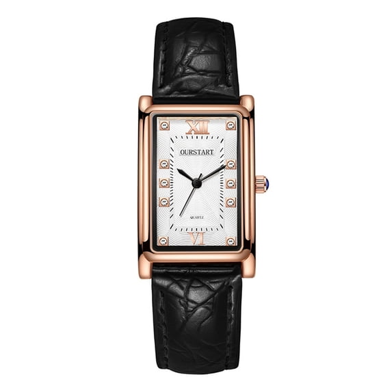 Resicozy Gold Watches for Women Men with Vintage Rectangular Case Casual Daily Watch with Leather Strap Black