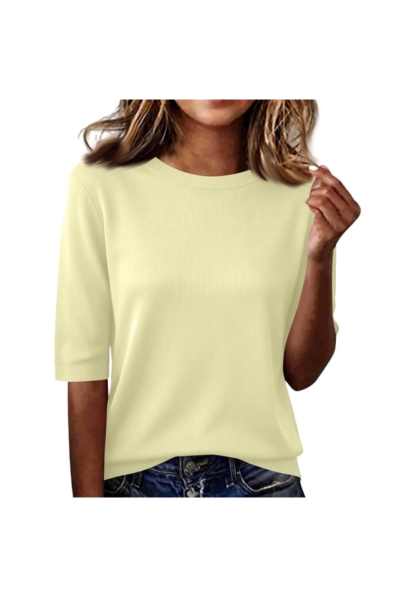 Half Sleeve Tops for Women Elbow Length Crew Neck Loose Blouse Summer Casual Lightweight Plus Size Solid Color Shirts Yellow XL