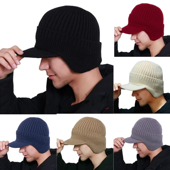 Resicozy Head Beanie Winter Hat for Men Knitted Solid Color Hats Ear Outdoor Thermal Stocking Black 8.6 In