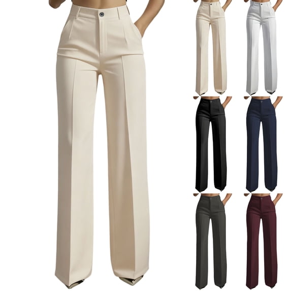 Resicozy High Waisted Straight Leg Suit Pants for Women Business Casual Office Dress Trousers with Pockets Khaki L