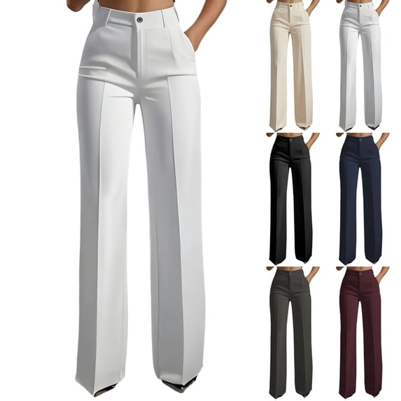 Resicozy High Waisted Straight Leg Suit Pants for Women Business Casual Office Dress Trousers with Pockets White L