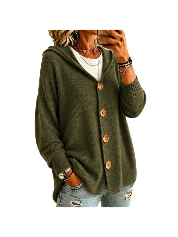Hooded Cardigans for Women Trendy Button Down Fall Knitted Jackets Drawstring Sweater Long Sleeve Ribbed Jackets 2026 Army Green M