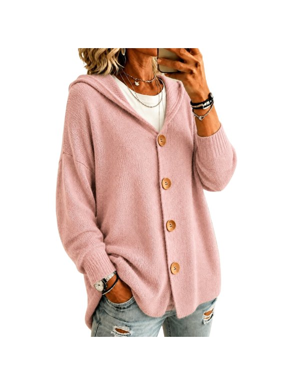 Hooded Cardigans for Women Trendy Button Down Fall Knitted Jackets Drawstring Sweater Long Sleeve Ribbed Jackets 2026 Pink M