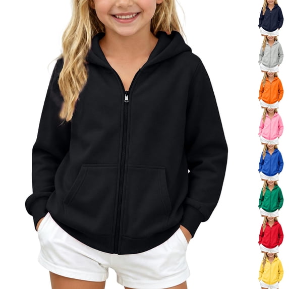Resicozy Hoodies for Girls Cute Zip Up Fleece Hooded Sweatshirt for Kids,Teen Fashion Casual Sweatshirts with Pockets Black S