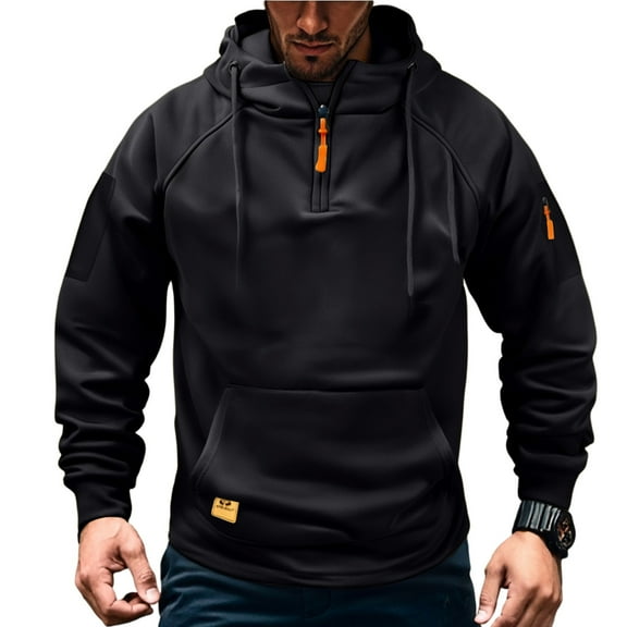 Resicozy Hoodies for Men Lightweight Quarter Zip Tactical Hoodie Workout Hooded Sweatshirt Sport Athletic Pullover with Pockets Black L