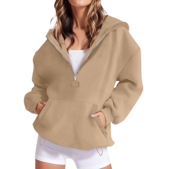 Resicozy Hoodies for Women Half Zipper Pullover Sweatshirt Long Sleeve Hoodies with Pocket Basic Sweater Camel 2XL