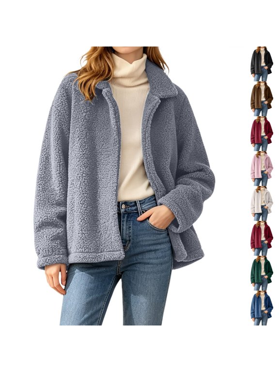 Jacket Women Oversized Collared Casual Full Zip Fleece Jacket Long Sleeve, Loose Fit, Open Front Cardiagn, Warm, Outerwear, Travel Gray 2XL