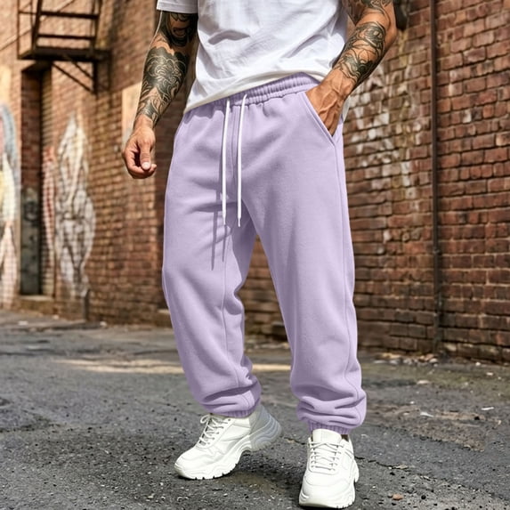 Resicozy Joggers for Men with Pockets Fleece Casual Sweatpants Fashion Solid Drawstring Elastic Waist Athletic Pants Light Purple 3XL