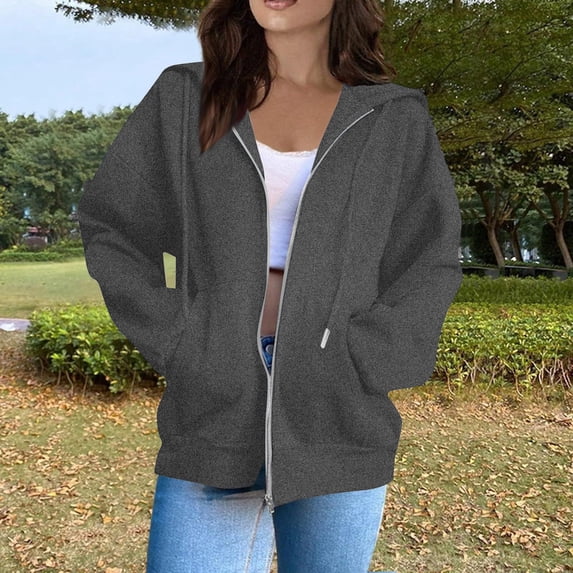 Resicozy Lightweight Hoodies for Women Full Zip Up Oversized Sweatshirts with Pockets Long Sleeve Casual Hooded Jackets Dark Gray L