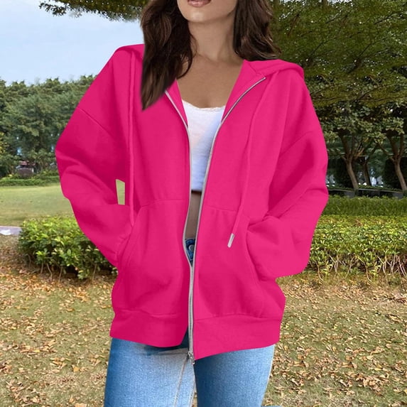 Resicozy Lightweight Hoodies for Women Full Zip Up Oversized Sweatshirts with Pockets Long Sleeve Casual Hooded Jackets Hot Pink L