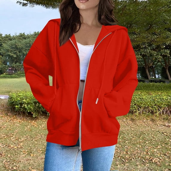 Resicozy Lightweight Hoodies for Women Full Zip Up Oversized Sweatshirts with Pockets Long Sleeve Casual Hooded Jackets Red 2XL