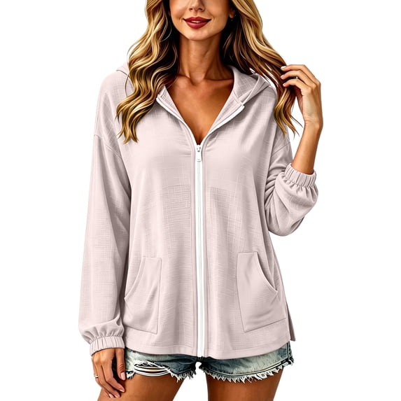 Resicozy Lightweight Hoodies for Women Zip Up Summer Hoodies Drawstring Loose Fit Cotton Linen Hoodie Casual Beach Cover Up Pink S