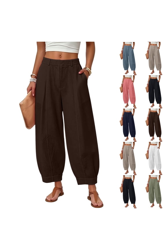 Linen Barrel Pants Women Wide Leg Palazzo Summer Baggy Harem Pants Boho Casual Trousers with Pockets Beach Vacation Brown 2XL