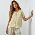 thumbnail image 1 of Resicozy Linen Button Down Shirts for Women Crew Neck Short Sleeves Blouse Lightweight Loose Fit Casual Tops Beige L, 1 of 6
