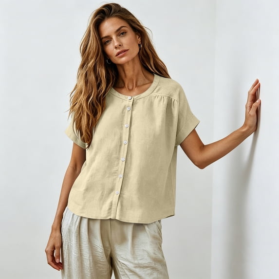 Resicozy Linen Button Down Shirts for Women Crew Neck Short Sleeves Blouse Lightweight Loose Fit Casual Tops Beige L