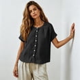 thumbnail image 1 of Resicozy Linen Button Down Shirts for Women Crew Neck Short Sleeves Blouse Lightweight Loose Fit Casual Tops Black XL, 1 of 6