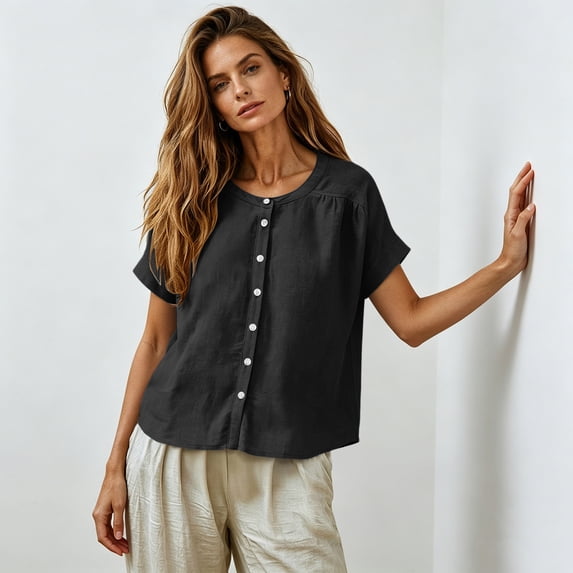 Resicozy Linen Button Down Shirts for Women Crew Neck Short Sleeves Blouse Lightweight Loose Fit Casual Tops Black XL