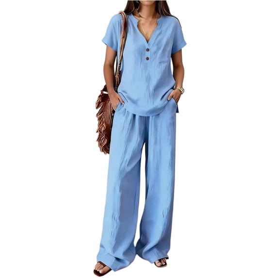 Resicozy Linen Short Sets for Women 2 Piece Outfits Short Sleeve Button V Neck Shirts and Wide Leg Pants Sets Vacation Clothes Light Blue XL