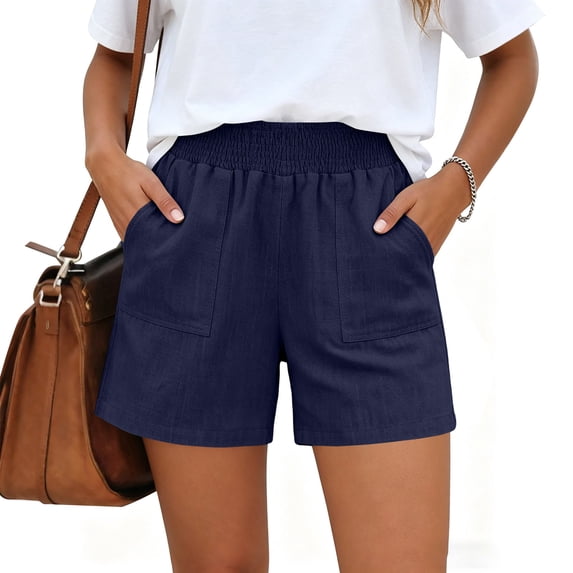 Resicozy Linen Shorts for Women Casual Summer High Waisted Wide Leg Lounge Beach Vacation Shorts with Pockets Navy L