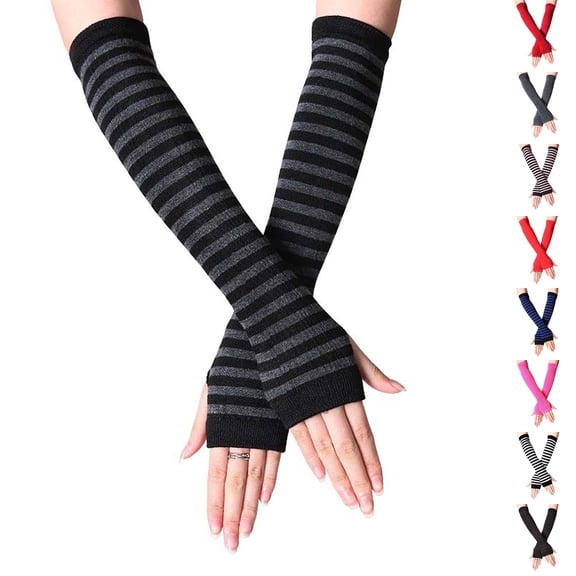 Resicozy Long Fingerless Gloves Arm Warmers, Accessories for Women, Stretchy Sleeves, Elbow Length, Knitted Striped Solid and Mix Colors Dark Grey-Black