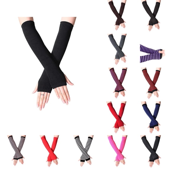 Resicozy Long Fingerless Gloves for Women Stretchy Sleeves Knitted Striped Arm Warmers for Travel Workout Black
