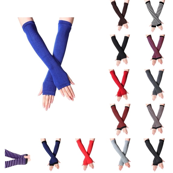 Resicozy Long Fingerless Gloves for Women Stretchy Sleeves Knitted Striped Arm Warmers for Travel Workout Blue