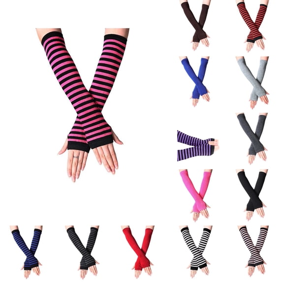 Resicozy Long Fingerless Gloves for Women Stretchy Sleeves Knitted Striped Arm Warmers for Travel Workout Dark Pink Striped