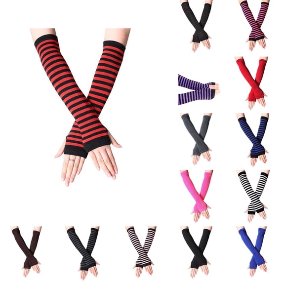 Resicozy Long Fingerless Gloves for Women Stretchy Sleeves Knitted Striped Arm Warmers for Travel Workout Red Striped