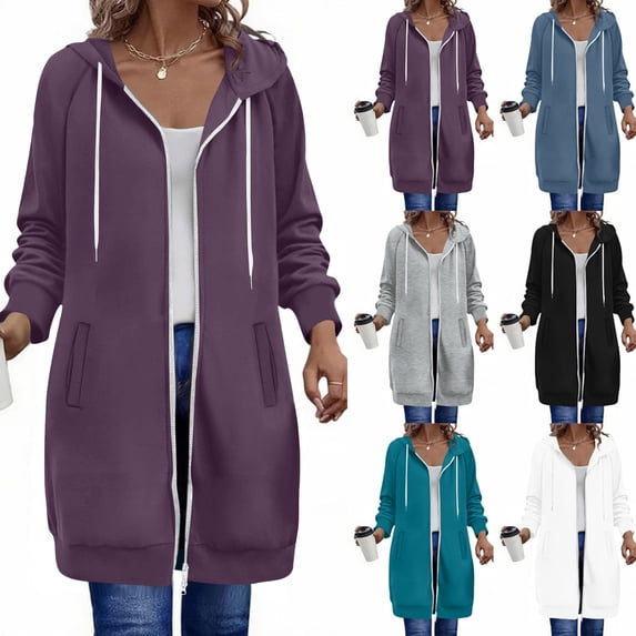 Resicozy Long Hoodies for Women Zip Up Casual Oversized Tunic Sweatshirts with Pockets 2025 Fall Lightweight Jackets Light Gray 2XL
