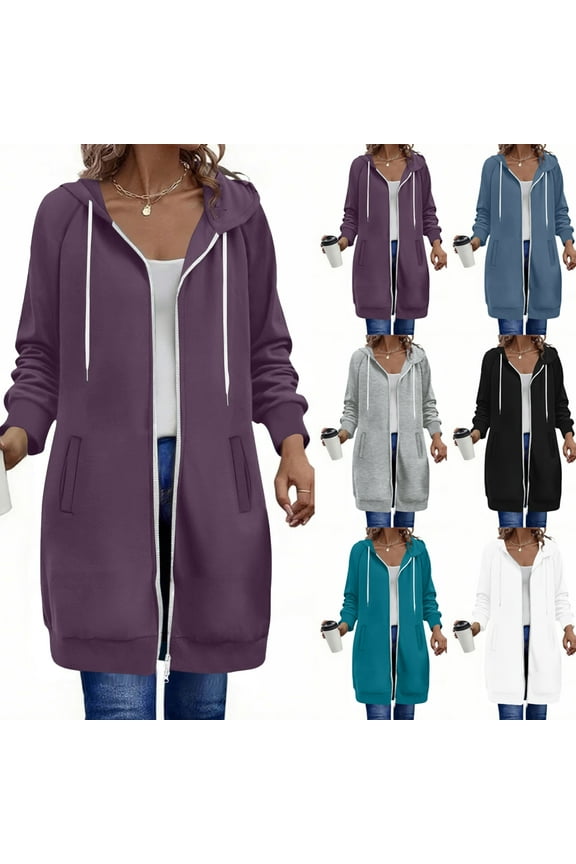 Long Hoodies for Women Zip Up Casual Oversized Tunic Sweatshirts with Pockets 2025 Fall Lightweight Jackets Purple M