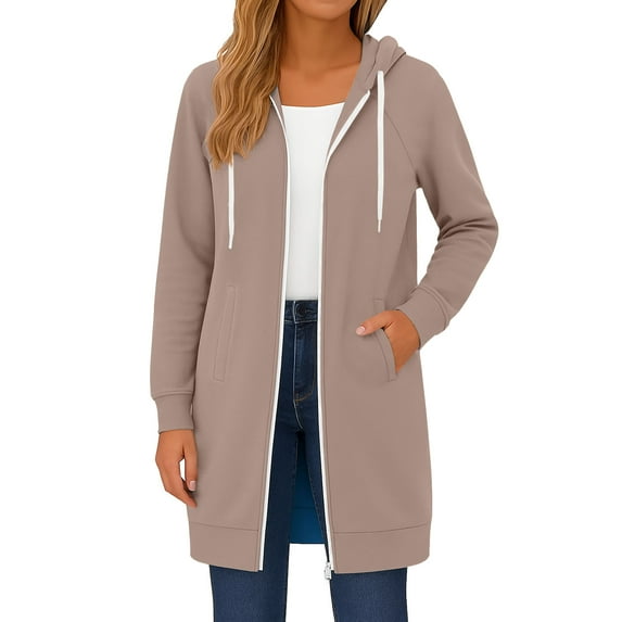 Resicozy Long Hoodies for Women Zip Up Double Zipper Solid Color Jacket Tunic Sweatshirts Fall Winter Fashion Clothes Khaki M