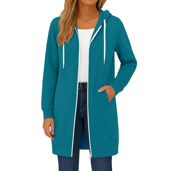 Resicozy Long Hoodies for Women Zip Up Double Zipper Solid Color Jacket Tunic Sweatshirts Fall Winter Fashion Clothes Sky Blue S