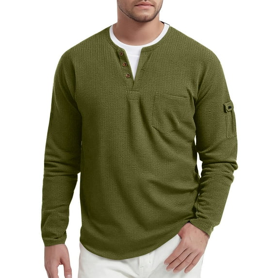 Resicozy Long Sleeve Henley Shirts for Men Casual Waffle Fashion Solid Color Pullover 3-Button T-Shirt with Pocket Army Green S